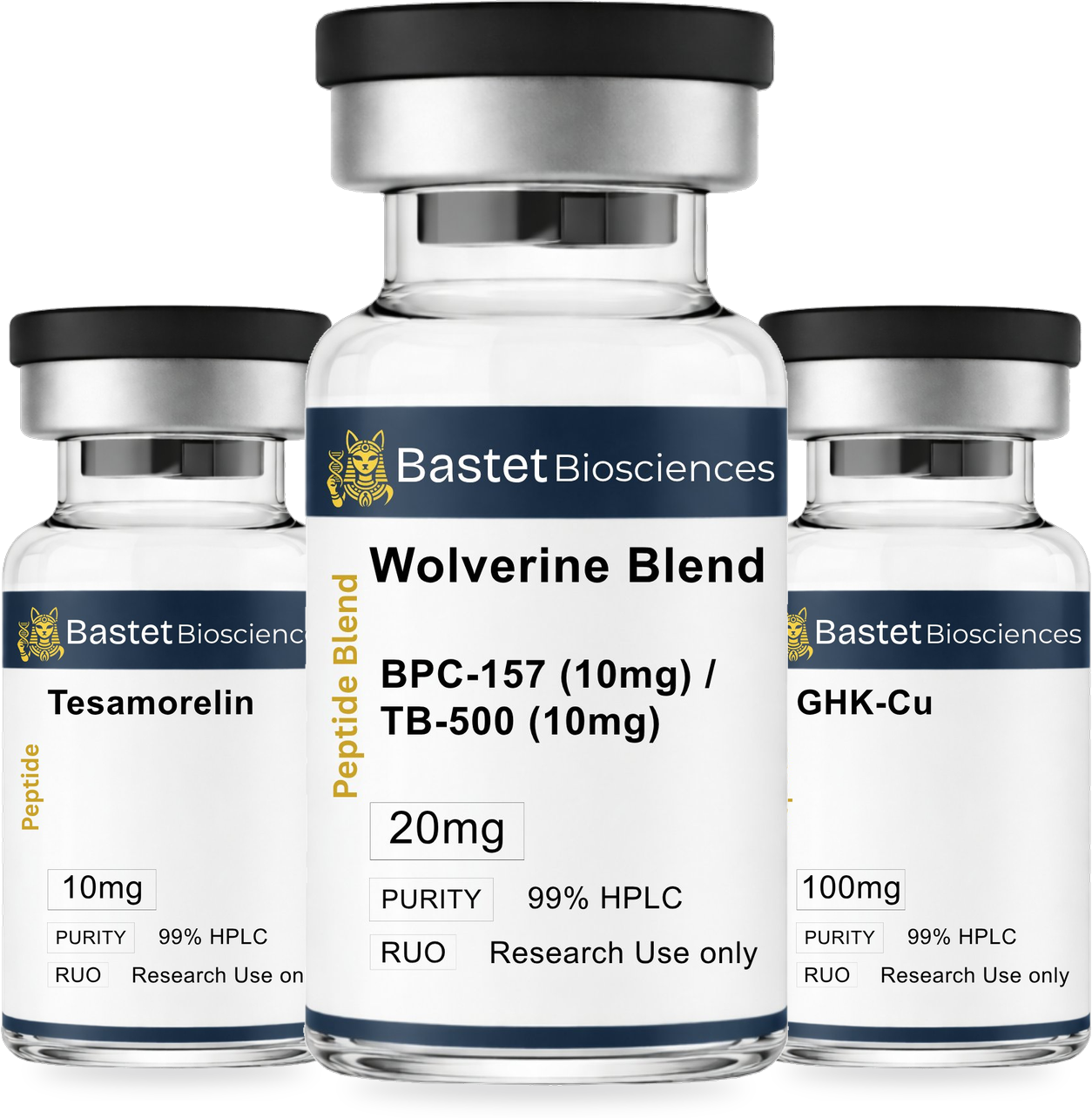 Bastet Biosciences peptide vials: Tesamorelin, Wolverine Blend, GHK-Cu